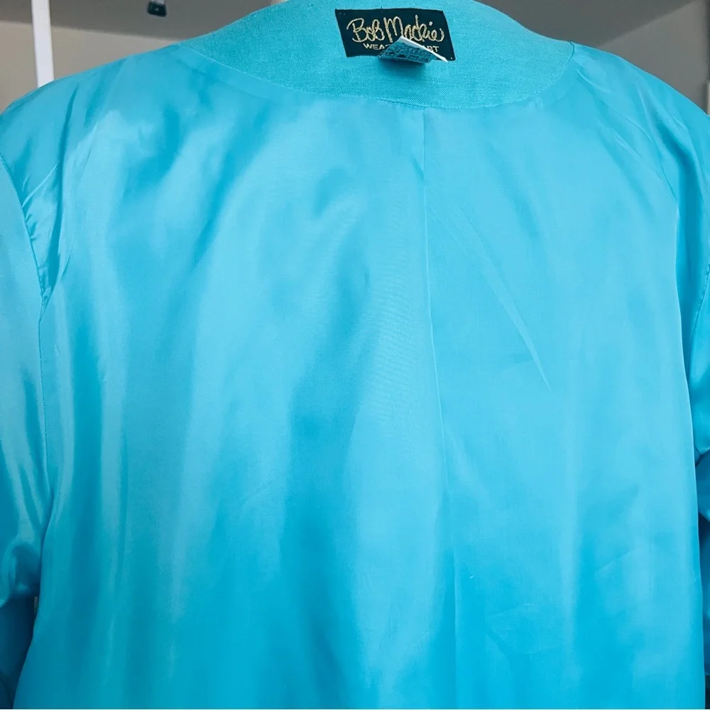 VTG Bob Mackie Wearable Art Jacket Turquoise SZ L Linen Blend Floral Retro - Picture 4 of 9
